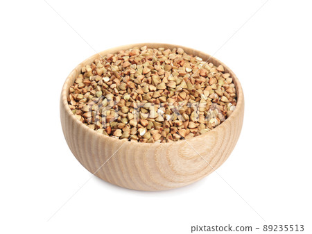 Green buckwheat in bowl isolated on white Green buckwheat in bowl isolated on white 89235513