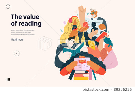 Books graphics -book week events. Modern flat vector concept illustrations of reading people - a group of men and women reading and sharing books and e-books on tablets sitting surrounded by plants 89236236