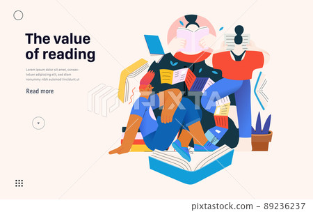 Books graphics -book week events. Modern flat vector concept illustrations of reading people - a group of men and women reading and sharing books and e-books on tablets sitting surrounded by plants 89236237