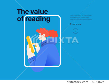 Books graphics -book week events. Modern flat vector concept illustrations of reading people - a young woman reading and sharing book, landing webpage template 89236240