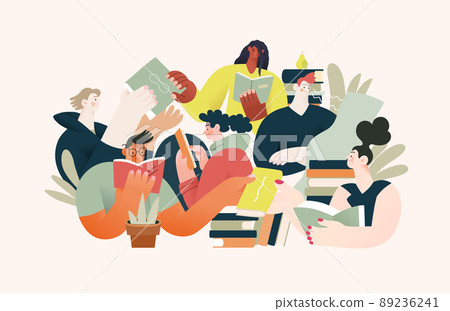 Books graphics -book week events. Modern flat vector concept illustrations of reading people - a group of men and women reading and sharing books and e-books on tablets sitting surrounded by plants 89236241
