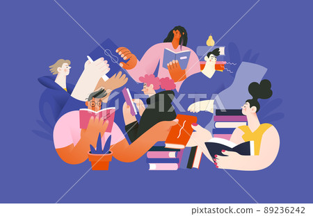 Books graphics -book week events. Modern flat vector concept illustrations of reading people - a group of men and women reading and sharing books and e-books on tablets sitting surrounded by plants 89236242