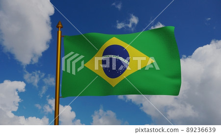 National flag of Brazil waving 3D Render with flagpole and blue sky, Brazil flag textile or Bandeira do Brasil, Federative Republic of Brazil, national motto Order and Progress 89236639