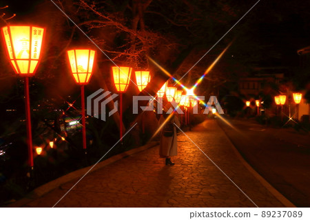 Afterimage of a woman traveling alone to see the castle town at night 89237089