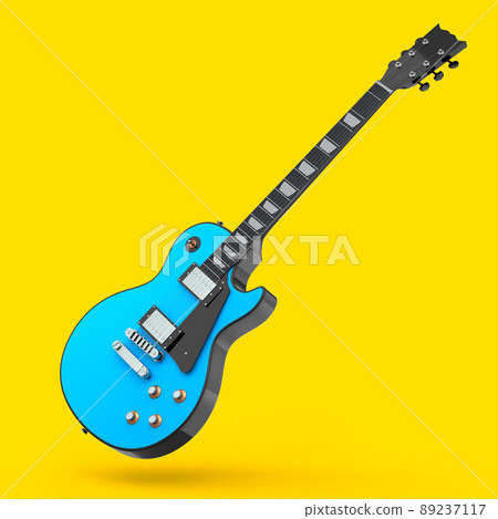 Electric acoustic guitar isolated on yellow background. 3d render of concept for rock festival poster with heavy metal guitar for music shop Electric acoustic guitar isolated on yellow background. 3d render of concept for rock festival poster with heavy metal guitar for music shop 89237117
