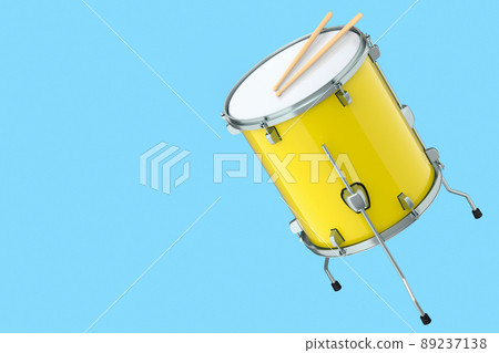Realistic drum and wooden drum sticks on blue background. 3d render concept of musical instrument, drum machine. Realistic drum and wooden drum sticks on blue background. 3d render concept of musical instrument, drum machine. 89237138