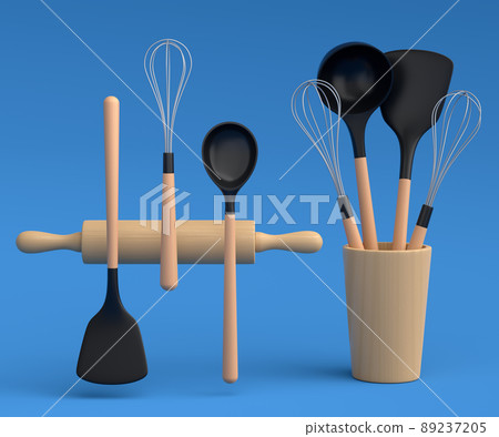 Wooden kitchen utensils, tools and equipment on blue background. Wooden kitchen utensils, tools and equipment on blue background. 89237205