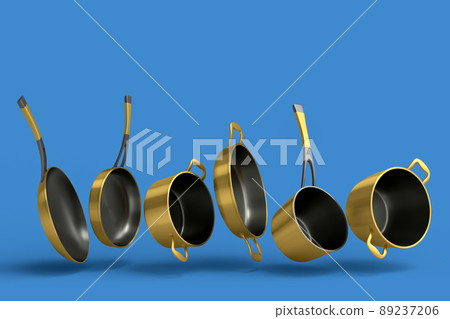 Set of flying stewpot, frying pan and chrome plated cookware on blue background Set of flying stewpot, frying pan and chrome plated cookware on blue background 89237206