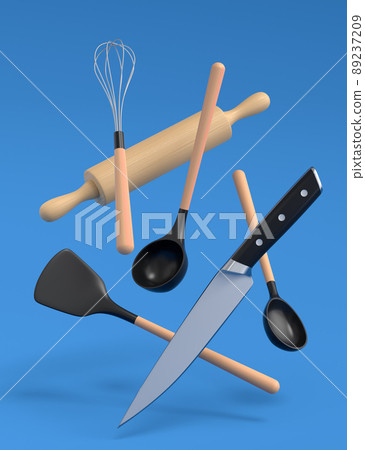 Wooden kitchen utensils, tools and equipment on blue background. 89237209
