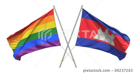 Flags of Cambodia and LGBTQ on white background. 3D rendering 89237283