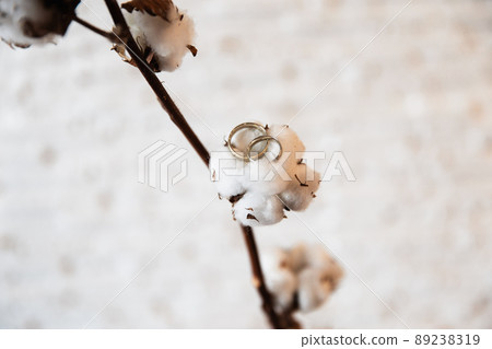 Bridal details - Wedding rings are put on flowers and twigs while bride getting ready before the ceremony 89238319