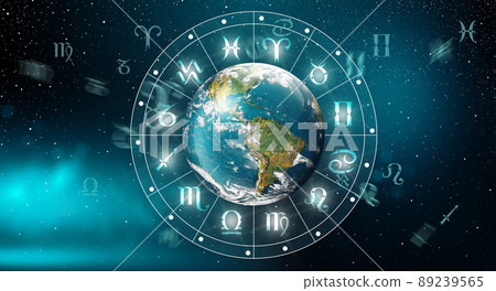 Astrological zodiac signs inside of horoscope with planet Earth. Knowledge of the stars in the sky. The power of the universe concept. Elements furnished by NASA. Astrological zodiac signs inside of horoscope with planet Earth. Knowledge of the stars in the sky. The power of the universe concept. Elements furnished by NASA. 89239565