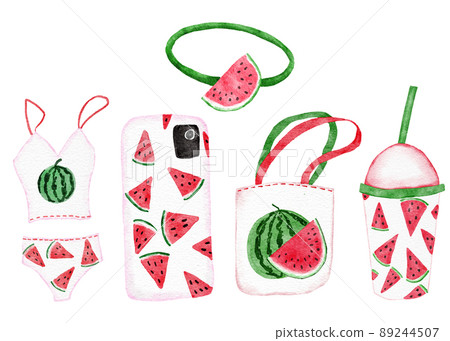 Watercolor hand drawn objects with watermelon summer print, red green swimsuit swimwear, funner phone case, tote bag, tumbler. Girly fashion for holiday vacation design. Bright cute kawaii print. Watercolor hand drawn objects with watermelon summer print, red green swimsuit swimwear, funner phone case, tote bag, tumbler. Girly fashion for holiday vacation design. Bright cute kawaii print. 89244507