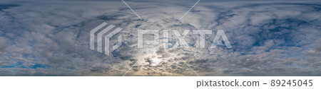 Sky panorama with Stratocumulus clouds in Seamless spherical equirectangular format. Full zenith for use in 3D graphics, game and editing aerial drone 360 degree panoramas for sky replacement. Sky panorama with Stratocumulus clouds in Seamless spherical equirectangular format. Full zenith for use in 3D graphics, game and editing aerial drone 360 degree panoramas for sky replacement. 89245045