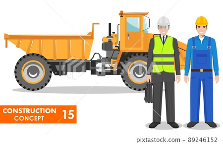 Worker concept. Detailed illustration of workman, driver, miner, builder, engineer, businessman and off-highway truck in flat style. Heavy mining machine and construction equipment. Vector. 89246152
