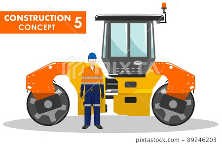 Worker concept. Detailed illustration of workman and compactor in flat style on white background. Heavy construction machine. Vector illustration. 89246203