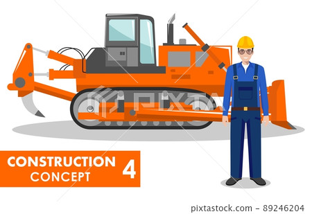 Worker concept. Detailed illustration of workman and dozer in flat style on white background. Heavy construction machine. Vector illustration. Worker concept. Detailed illustration of workman and dozer in flat style on white background. Heavy construction machine. Vector illustration. 89246204