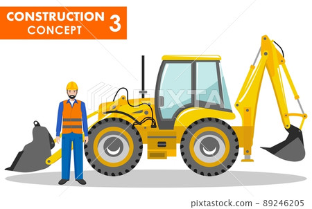 Worker concept. Detailed illustration of workman and backhoe loader in flat style on white background. Heavy construction machine. Vector illustration. 89246205