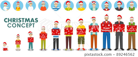 Christmas and New Year concept. People generations at different ages hold the box in the Santa Claus hat. Man aging: baby, child, teenager, adult, old people. Different characters avatars icons set. Christmas and New Year concept. People generations at different ages hold the box in the Santa Claus hat. Man aging: baby, child, teenager, adult, old people. Different characters avatars icons set. 89246562