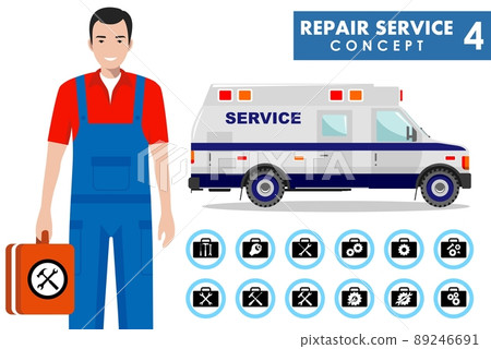 Repair service concept. Detailed illustration of service machine and master repairer in flat style. Simple icons set: wrench, screwdriver, hammer and gear. Services icon or button on white background. 89246691