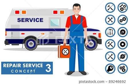 Repair service concept. Detailed illustration of service machine and master repairer in flat style. Simple icons set: wrench, screwdriver, hammer and gear. Services icon or button on white background. Repair service concept. Detailed illustration of service machine and master repairer in flat style. Simple icons set: wrench, screwdriver, hammer and gear. Services icon or button on white background. 89246692
