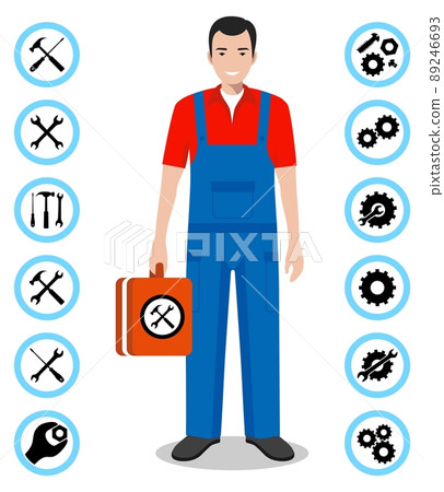 Repair service concept. Detailed illustration of master repairer in flat style. Simple icons set: wrench, screwdriver, hammer and gear. Services icon or button isolated on white background. Vector. 89246693