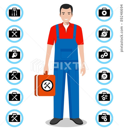 Repair service concept. Detailed illustration of master repairer in flat style. Simple icons set: wrench, screwdriver, hammer and gear. Services icon or button isolated on white background. Vector. 89246694