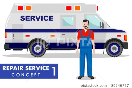 Repair service concept. Detailed illustration of service machine and repairer on white background in flat style. Vector illustration. Repair service concept. Detailed illustration of service machine and repairer on white background in flat style. Vector illustration. 89246727