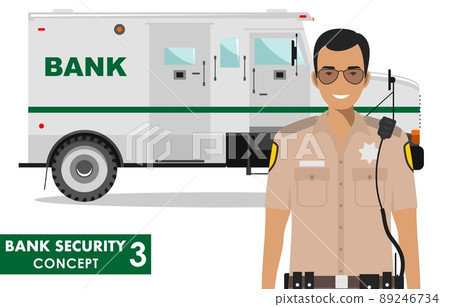 Bank security concept. Detailed illustration of bank armored car and security guard on white background in flat style. Vector illustration. 89246734