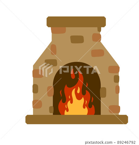 Furnace with fire. Classic fireplace. Rustic stone oven with chimney. Furnace with fire. Classic fireplace. Rustic stone oven with chimney. 89246792