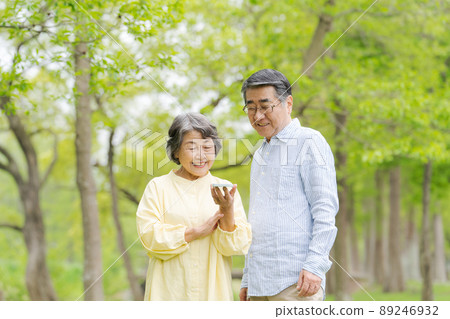 Senior men and women park with smartphones 89246932