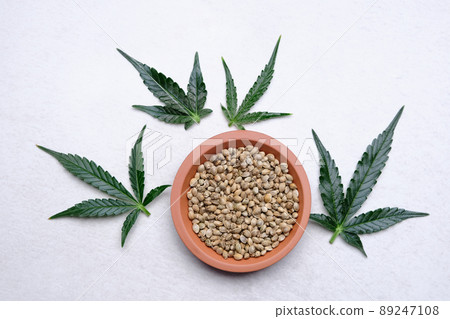 A bunch of cannabis seeds on a plate with green leaf. Hemp grain on grey background A bunch of cannabis seeds on a plate with green leaf. Hemp grain on grey background 89247108