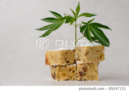 Homemade pie and powdered sugar with CBD oil. Cannabis kitchen 89247131