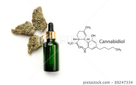 CBD oil with molecular structure medical chemistry formula Cannabidiol. Medicinal cannabis extract in cosmetic bottle, layout on white background, isolated. 89247334
