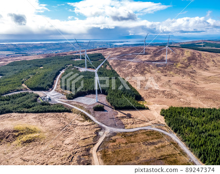 Aerial view of the Cloghervaddy windfarm between Frosses and Glenties in County Donegal Aerial view of the Cloghervaddy windfarm between Frosses and Glenties in County Donegal 89247374