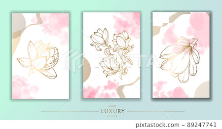 Set of templates for wedding invitations. Decoration with leaves and flowers. Floral pink vector illustration in watercolor technique. golden leaves and buds Set of templates for wedding invitations. Decoration with leaves and flowers. Floral pink vector illustration in watercolor technique. golden leaves and buds 89247741