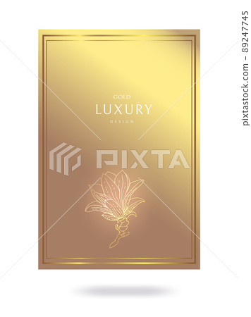Golden frame. Wedding card template. Brilliant packaging design with a golden blooming magnolia sprig. Abstract background with golden gradient. Gift design option with place for text. Vector 89247745