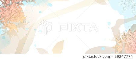 Luxurious gold wallpaper with pink peonies. Banner with a white background and beautiful blue stripes and watercolor blots. Gold and blue leaves, wall flowers with a shiny light texture. 89247774