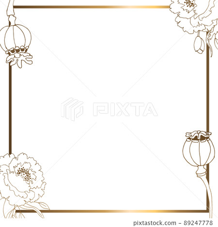 Square golden frame, borders with poppy flowers. Vector ornaments with flowers and buds. Golden flowers and leaves of poppy baskets. White background. Square golden frame, borders with poppy flowers. Vector ornaments with flowers and buds. Golden flowers and leaves of poppy baskets. White background. 89247778