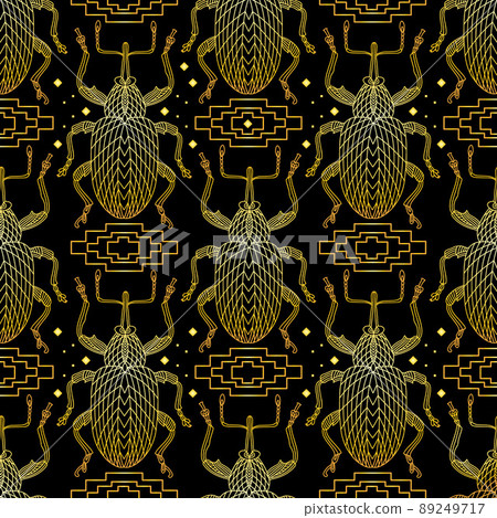 Seamless pattern with golden beetles and square ornaments in Greek style. 89249717