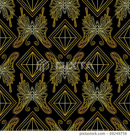 Seamless pattern with golden butterflies and diamonds on a black background. Seamless pattern with golden butterflies and diamonds on a black background. 89249756