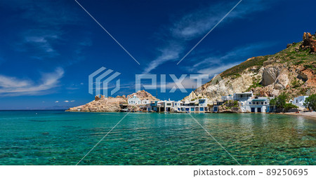 The beach of Firapotamos in Milos, Greece 89250695