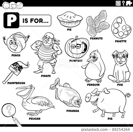 letter p words educational set coloring book page 89254264