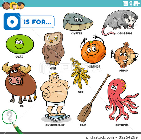 letter o words educational set with cartoon characters letter o words educational set with cartoon characters 89254269