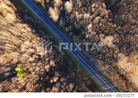 Highway in the forest with trees in the autumn season, top view. 89255277