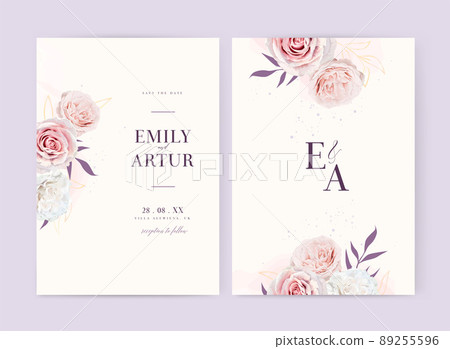 Romantic, elegant wedding invite, save the date card set. Floral watercolor style blush pink, white peony rose flowers, purple, golden leaves bouquet decoration. Editable, stylish, vector illustration 89255596