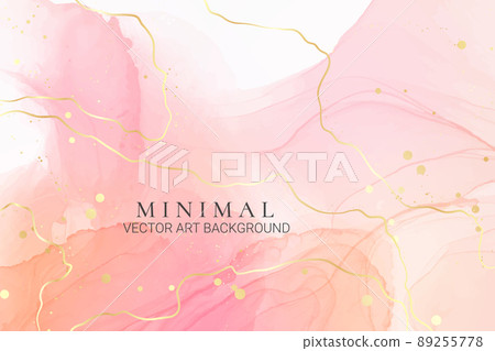 Rose pink liquid watercolor background with golden dots. Dusty blush marble alcohol ink drawing effect. Vector illustration design template for wedding invitation, menu, rsvp Rose pink liquid watercolor background with golden dots. Dusty blush marble alcohol ink drawing effect. Vector illustration design template for wedding invitation, menu, rsvp 89255778