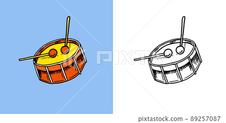Drum with sticks. Musical instrument. Hand drawn sketch in vintage doodle style. Drum with sticks. Musical instrument. Hand drawn sketch in vintage doodle style. 89257087