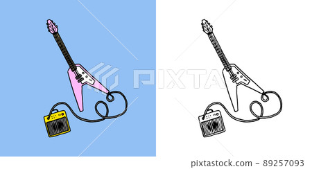 Electric Guitar with sound amplifier. Musical instrument. Hand drawn sketch in vintage doodle style. Electric Guitar with sound amplifier. Musical instrument. Hand drawn sketch in vintage doodle style. 89257093