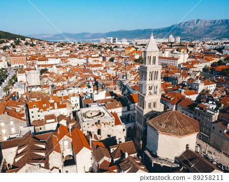 Aerial drone shot of Split with old port in Croatia sunrise hour Aerial drone shot of Split with old port in Croatia sunrise hour 89258211